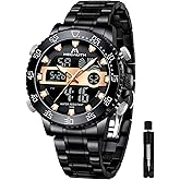 MEGALITH Mens Watch Digital Waterproof Stainless Steel Big Face LED Analog Multifunctional Outdoor Sports Watch, Men's Wrist Watches with Dual Time Backlight Display Alarm Stopwatch