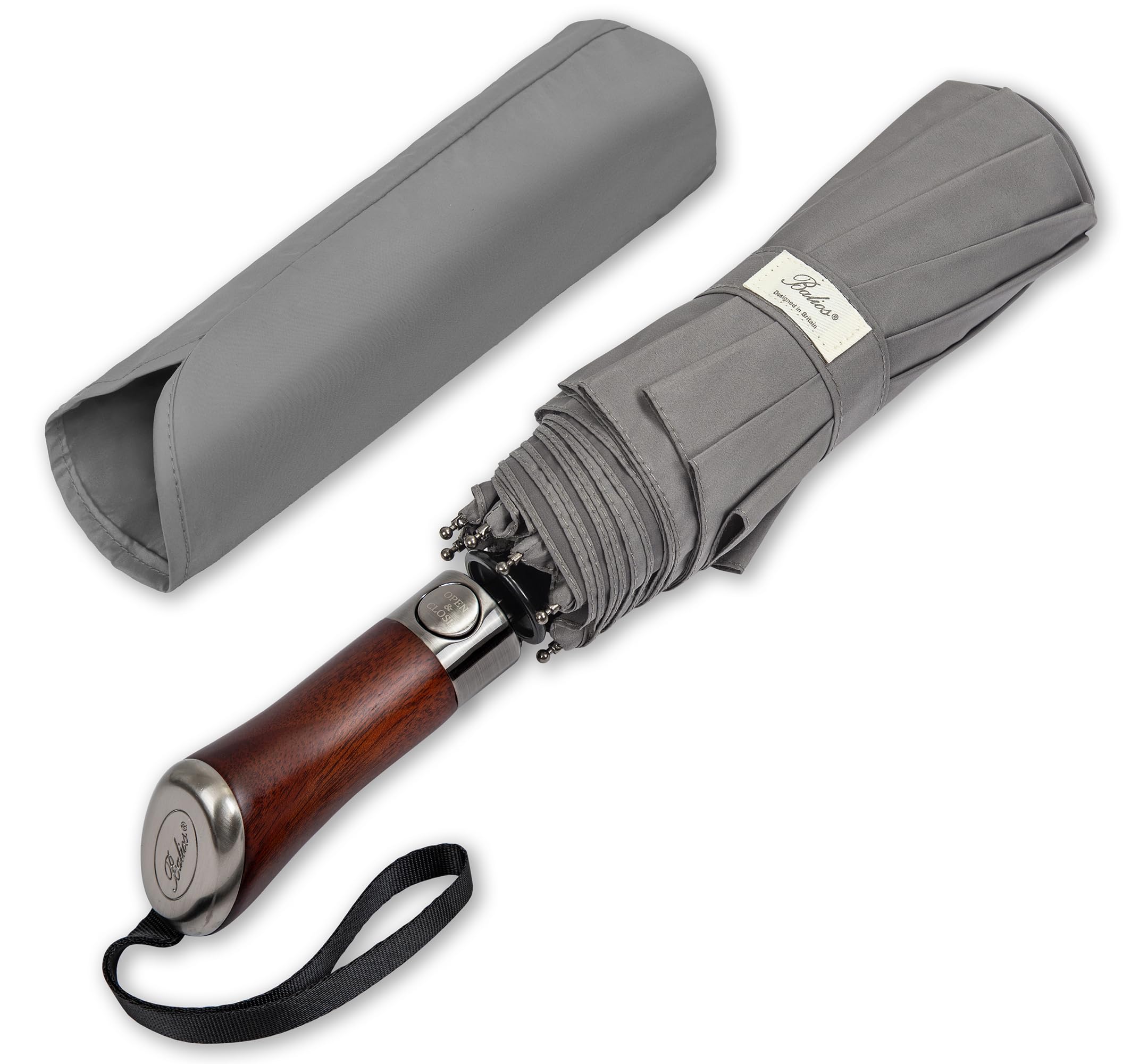 Balios (Designed in UK) Travel Folding Umbrella Lux Hardwood Handle Auto Open & Close Windproof Single Canopy (Metallic Grey)