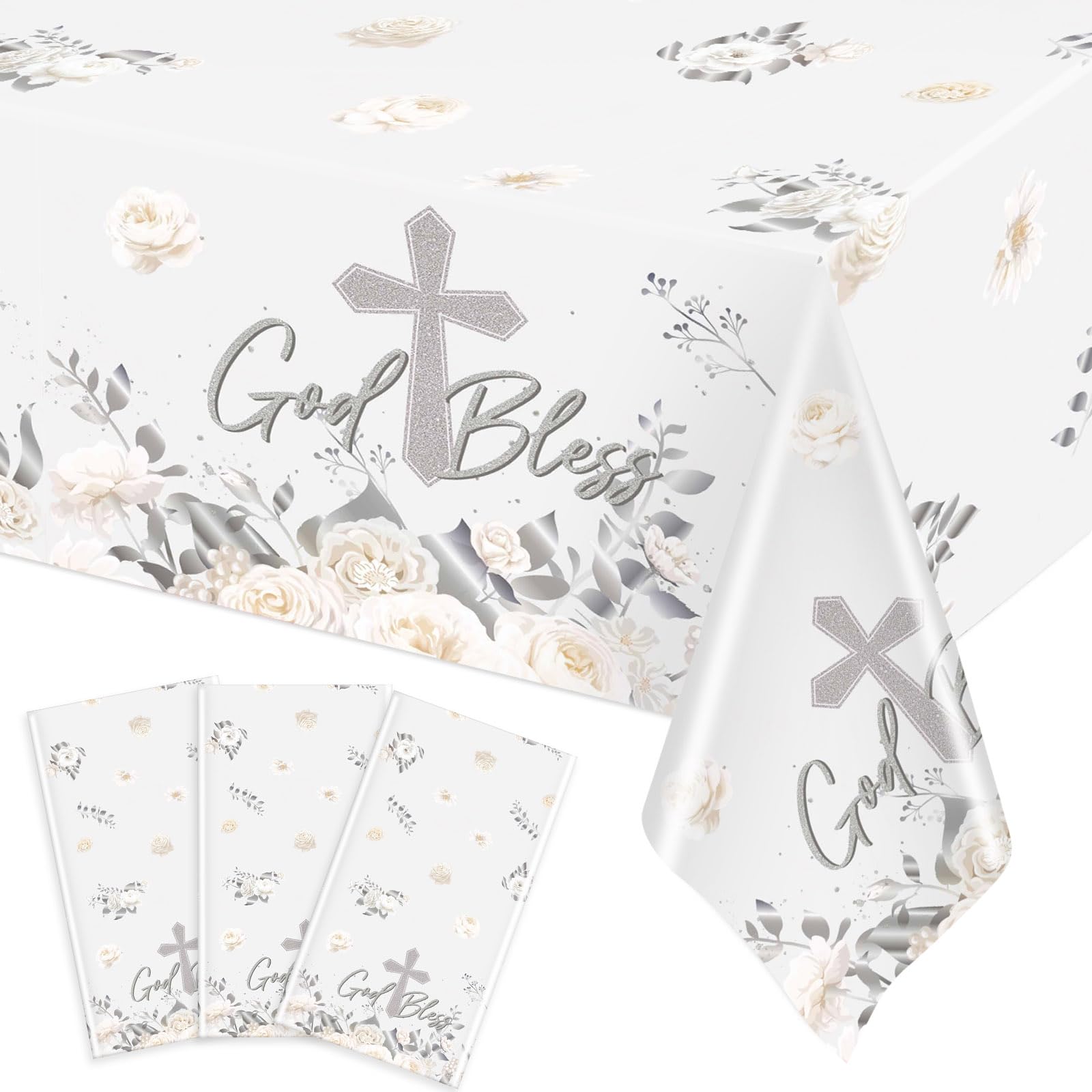 Photo 1 of Ganeen 3 Pcs White Silver God Bless Baptism Tablecloth Disposable Plastic Table Cover First Holy Communion Waterproof Tablecloths for Christening Celebration Baby Shower Religious Decor, 54 x 108 Inch