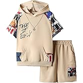 COZYEASE Boys' 2 Piece Outfits Letter Graphic Colorblock Short Sleeve Hooded T Shirt and Shorts Set