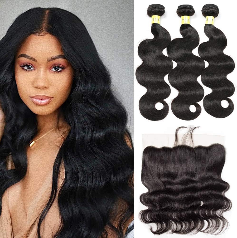 Brazilian Virgin Hair 3 Bundles with Frontal Brazilian Body Wave Human Hair Ear to Ear Lace Frontal Closure With Bundles Frontal with Baby Hair Natural Color (10 12 14 +10, 13x4 lace Frontal)
