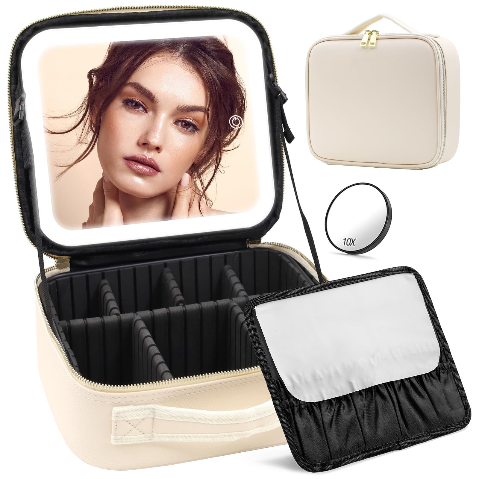 Travel Makeup Bag with Mirror and Lights, Makeup Case with Lighted Mirror 3 Color Lights Adjust Brightness, Travel Cosmetic Case Makeup Organizer Bag with Adjustable Dividers & Brushes Holder(Beige)