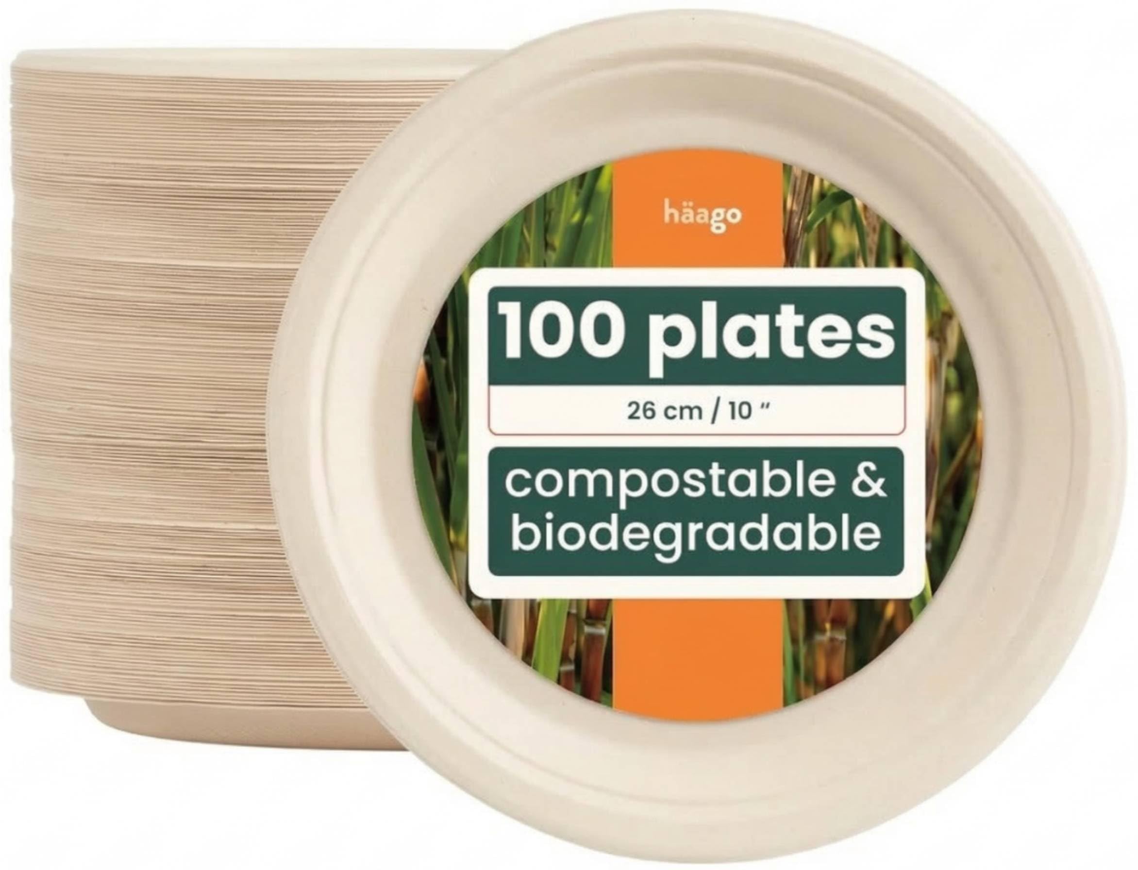 HAAGO 100 Strong Compostable Sugarcane Plates, 26 cm / 10 Inch Dinner Plate – Heavy Duty, Grease- & Leak-Proof Paper Plates – Biodegradable & Disposable for Hot & Cold Food, Parties, BBQ, Catering