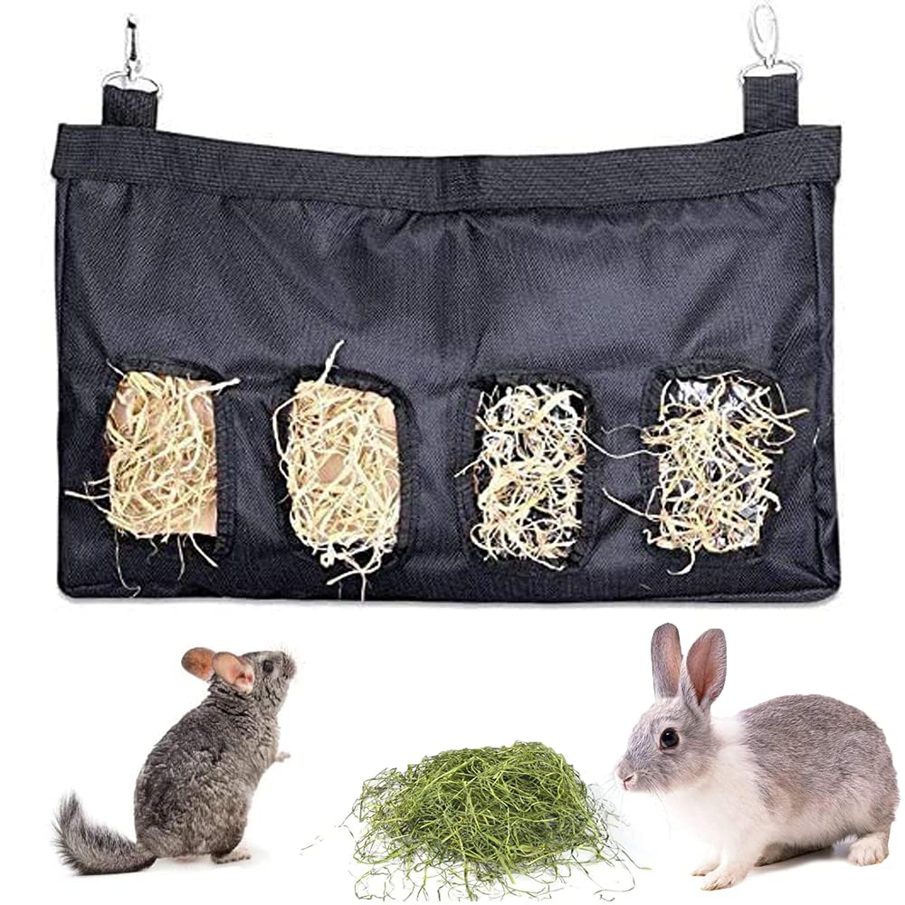 Rabbit Hay Feeder, Guinea Pig Hay Feeder Storage, Rabbit Feeding Bag, Guinea Pigs Hanging Hay Rack, Hay Bag Hanging Feeder Sack for Rabbit Guinea Pig-4 Openings, 28x46x4cm