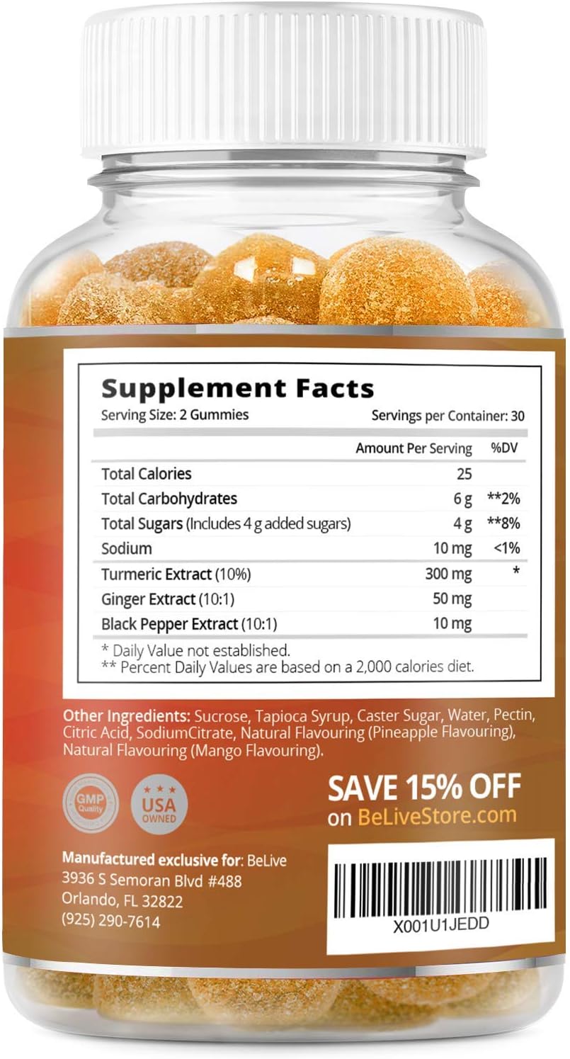 Turmeric Curcumin Gummies with Ginger & Black Pepper Extract, Joint Support and Pain Relief. Anti-Inflammatory, Chews for Adults & Kids, 60 Chewable Gummy Vitamins: Health & Personal Care