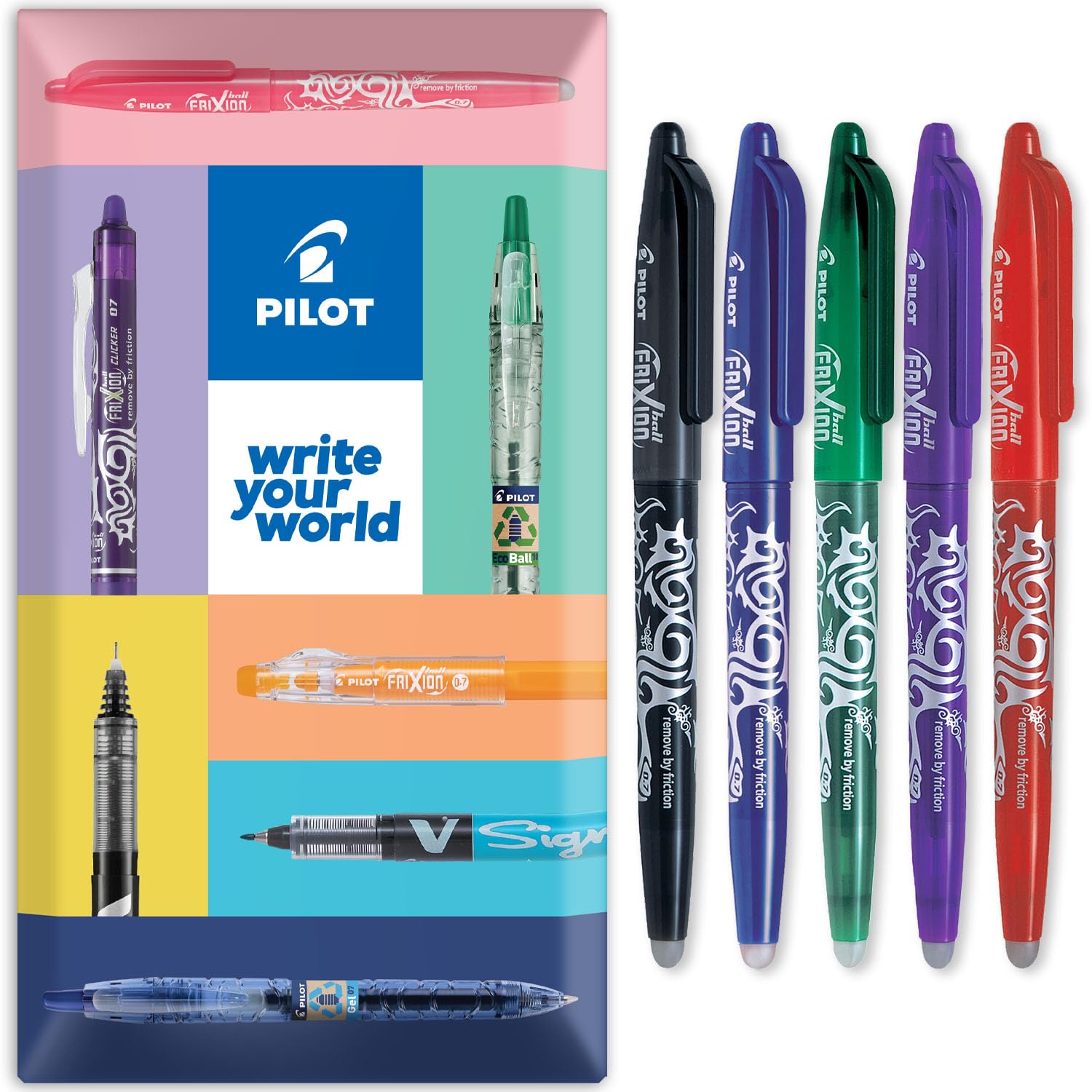 PILOT Frixion Heat/Friction Erasable Rollerball Pen FR7 - Medium Line 0.7mm Tip Nib - In Envelope Gift Packaging - Essential Pack of 5 - Black, Blue, Red, Green & Violet