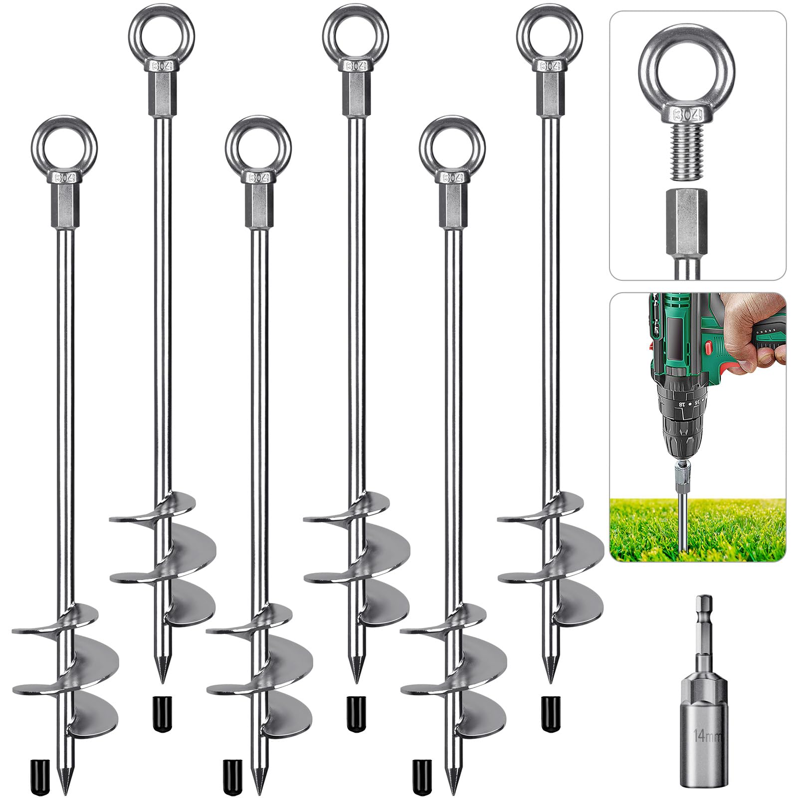Photo 1 of Insaga 30'' Fully Welded Ground Anchors Screw in, 3'' Wider Spiral Earth Anchor for Swing Set, 6pcs Mobile Home Anchors, Wind Resistant Trampoline Wind Anchors, Ground Anchors for Sheds