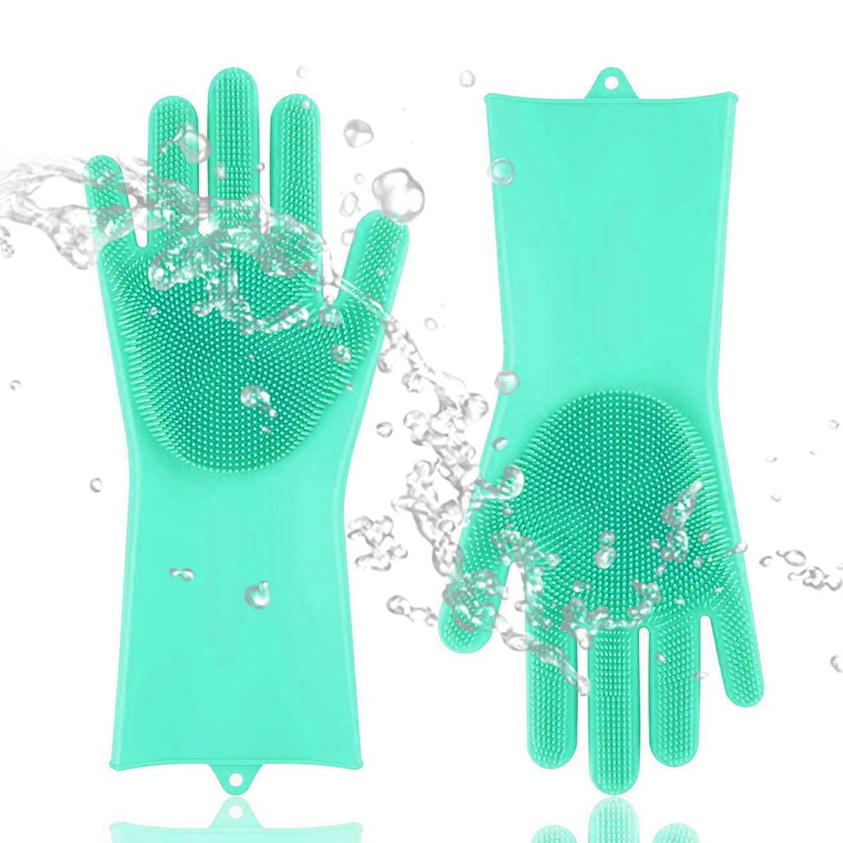 BJYX Silicone Diswashing Gloves,Silicone Diswashing Gloves with Magic Wash Scrubber for Kitchen, Bathroom,Gloves for Kitchen Household Heat Resistant and Hand Protection[Green 1 Pair]