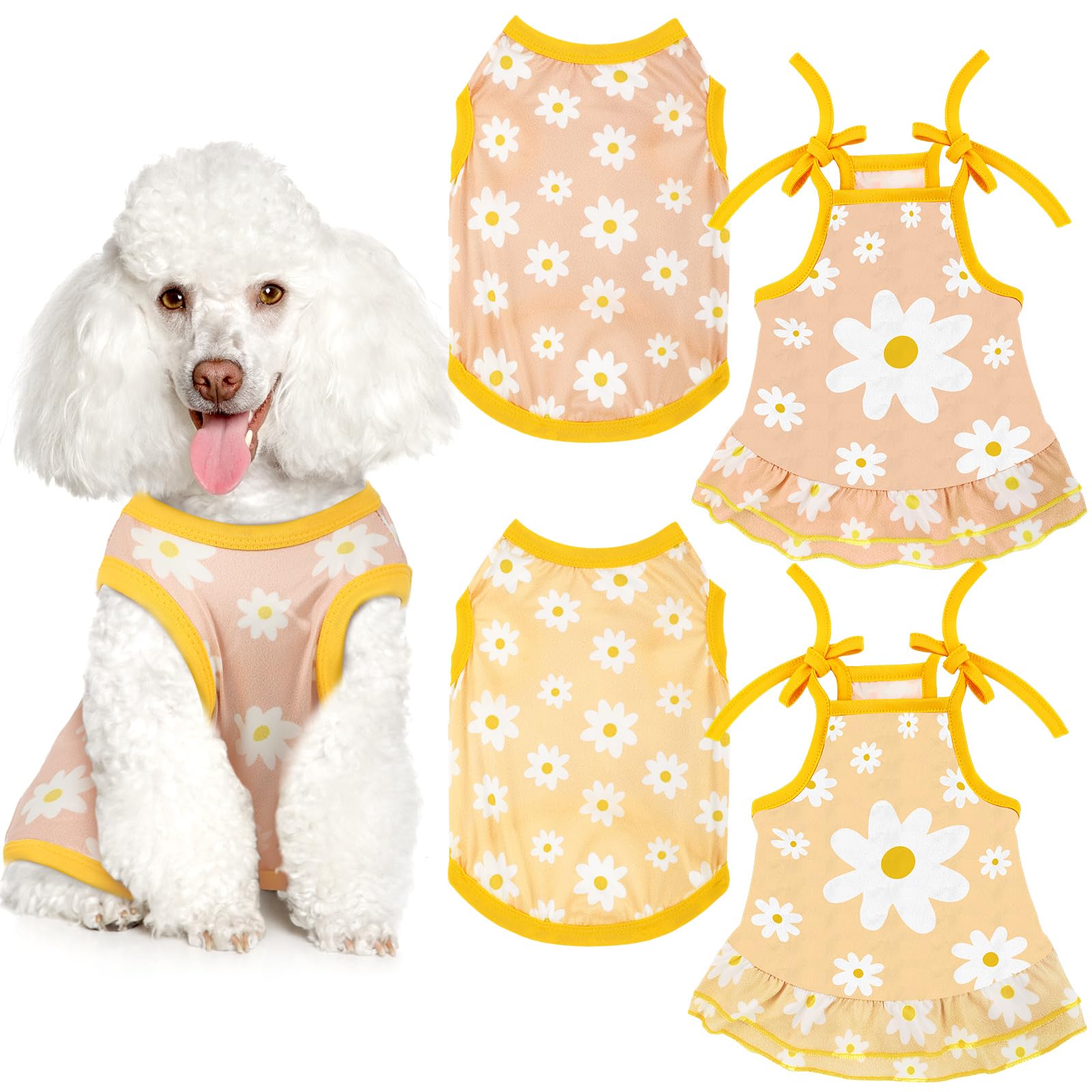 Photo 1 of (MISSING ONE) Frienda 4 Pieces Pet Clothes Set Include 2 Pieces Cute Pet Dress Lovely Dog Dress and 2 Pcs Breathable Dog T Shirt Puppy Clothes(Daisy,Medium)
