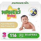 MANEKI Baby Diapers Size 3 (12–24 lbs), 116 Count, Super-Soft, Ultra-Thin & Highly Absorbent, Hypoallergenic, Fragrance-Free for Sensitive Skin, Breathable, Day & Night Leak Protection (Pack May Vary)