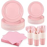 durony 350 Pieces Pink Paper Dinnerware Set 7 Inch 9 Inch Disposable Dinner Plates Sever 50 Guests Paper Cup Cutlery Napkins Solid Color Party Supplies for Birthday Wedding Party Family Picnic