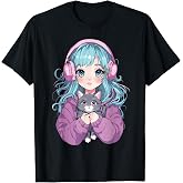 Anime Girl Cat Japanese Kawaii Teens Girls T-Shirt