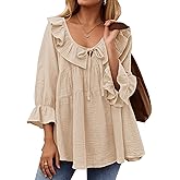 ZESICA Womens Scoop Neck 3/4 Length Sleeve Tops 2026 Casual Tie Front Ruffle Tiered Loose Tunic Shirts Blouses Fall Outfits