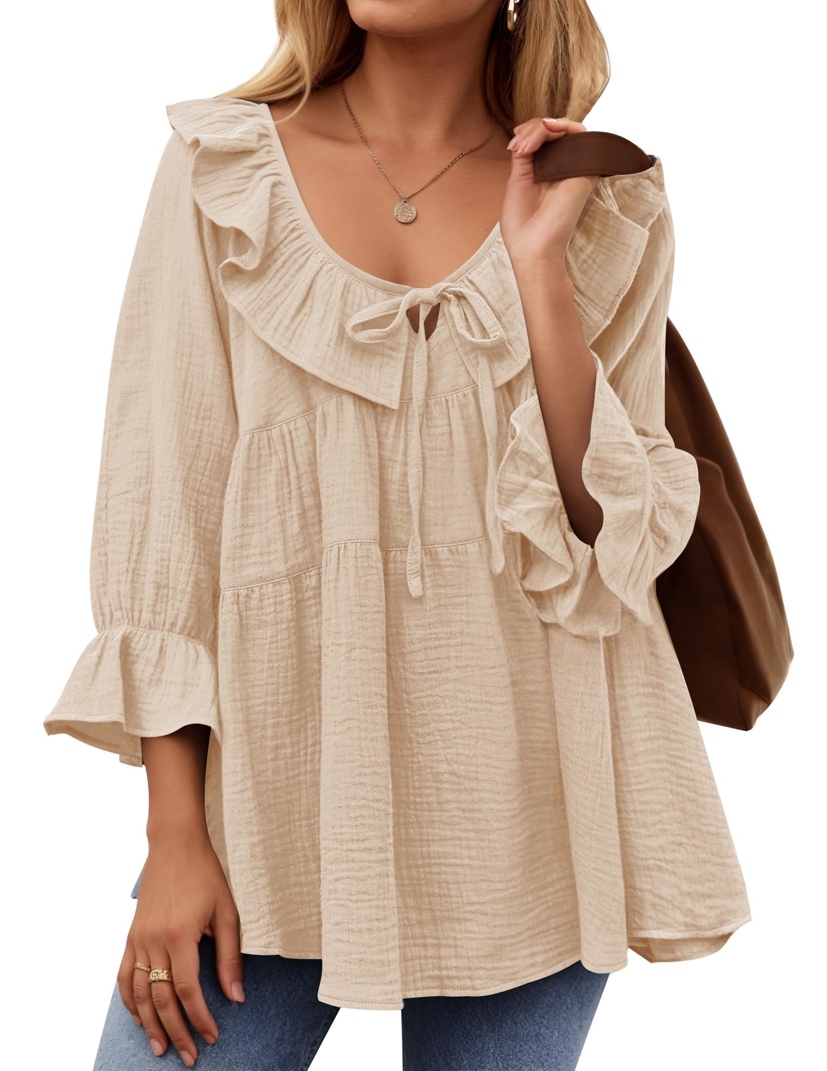 Photo 1 of ZESICA Womens Scoop Neck 3/4 Length Sleeve Tops 2025 Casual Tie Front Ruffle Tiered Loose Tunic Shirts Blouses Fall Outfits,Apricot,Large
