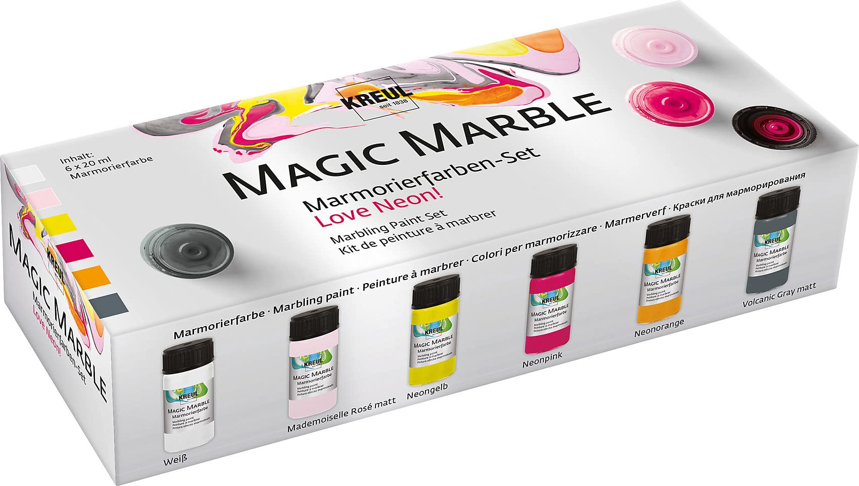 Kreul 73614 Magic Marble Marble Paint Love Neon Set, 6 x 20 ml Colour in White, Neon Yellow, Neon Pink, Neon Orange, Grey and Rose for Immersion Marbling of Wood, Glass, Plastic, Paper and Styrofoam
