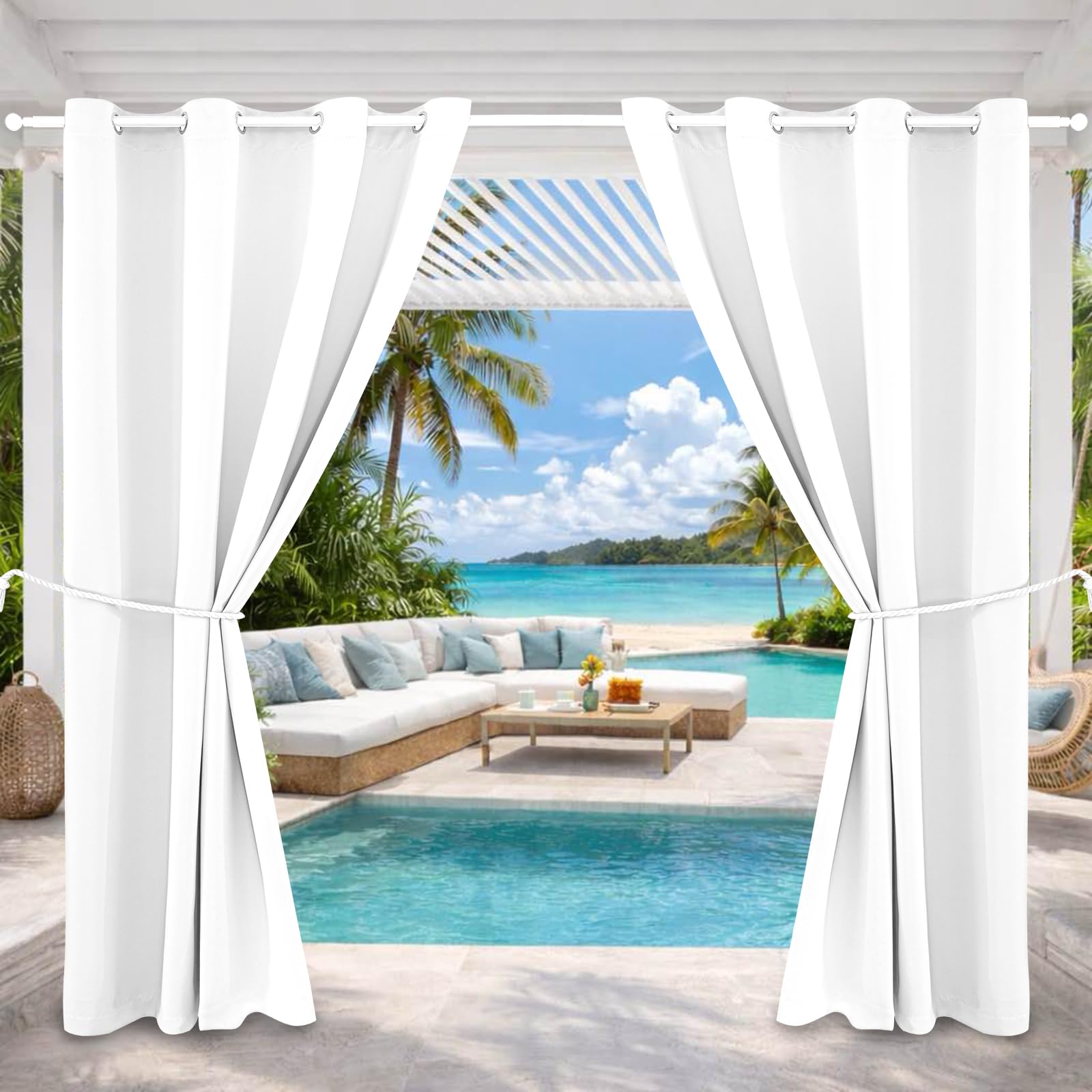 Waterproof Outdoor Curtain W52 x L84 - Grommet Top Sunlight Blocking Window Treatment Drapes Blackout Curtains for Home Bedroom Living Room Outdoor Patio Porch Pergola Cabana Gazebo (Pure White)