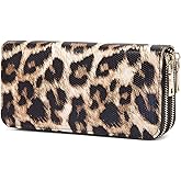 Nabegum Leopard Travel Wallet for Women Cheetah Cow Print Double Zipper Pocket Ladies Purse Large Capacity