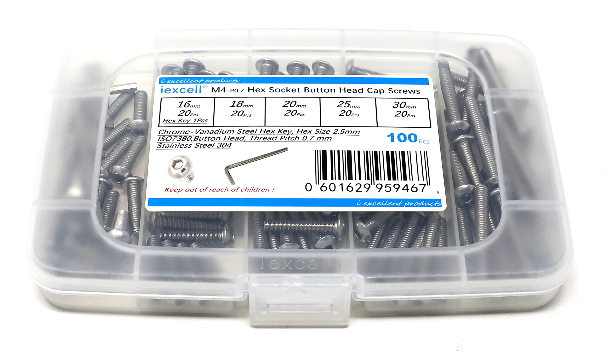 iExcell 50 Pcs Stainless Steel 304 M4 x 16/18/20/25/30 mm Hex Socket Button Head Cap Screws Bolts Assortment Kit