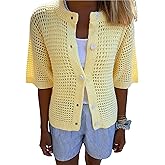 GORGLITTER Women's Crochet Button Up Cardigan Summer Outfits Lightweight Short Sleeve Knit Shirt Tops Going Out Outfits