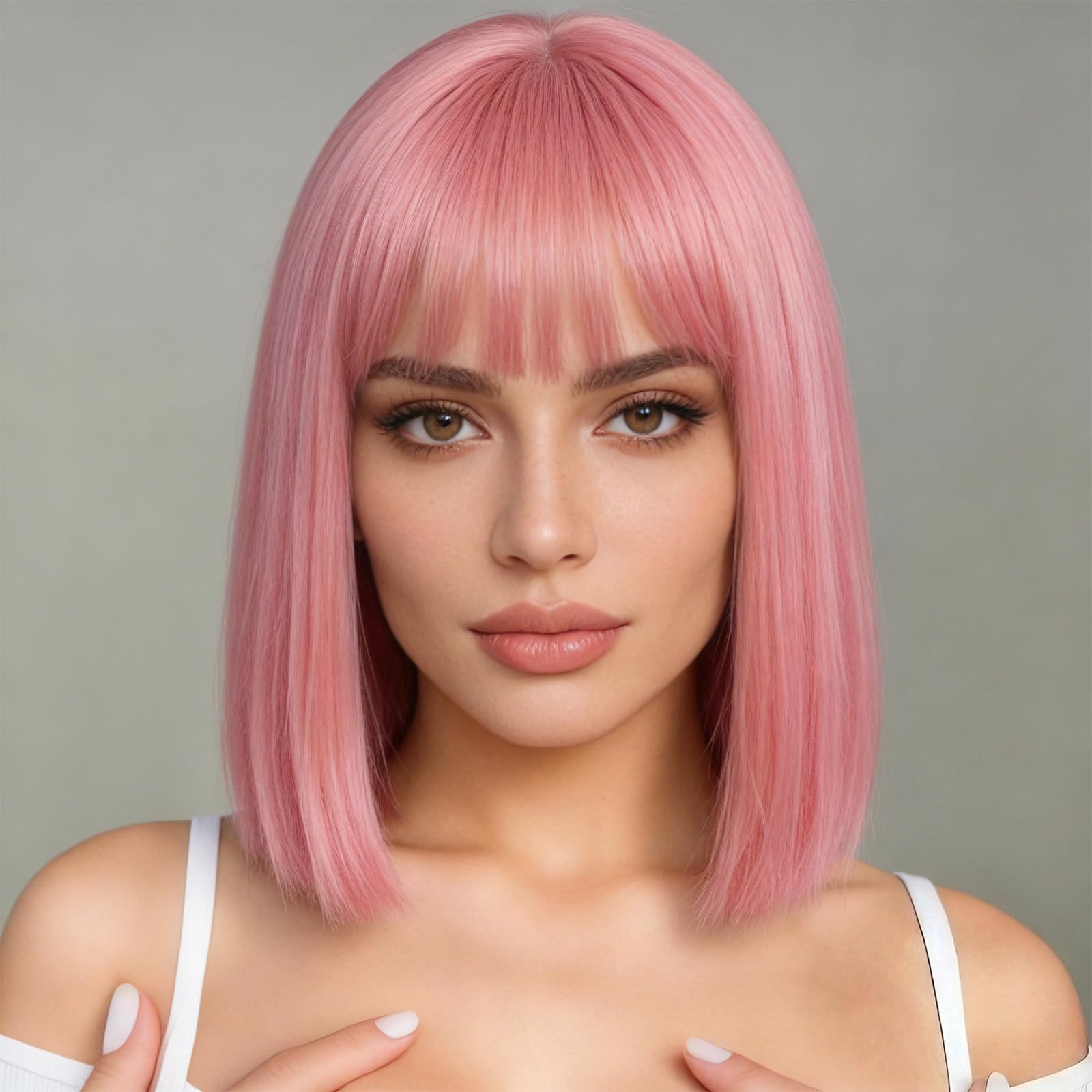 BUYOGET Peachy Pink Bob Wigs with Flat Bangs 13 Inch Striaght Shoulder Wigs for Women Cosplay Costume Party Wig