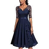 MISSMAY Women's V-Neck Floral Lace Elegant Style Half Sleeve Bridesmaid Party Dress