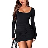 OZICERD Long Sleeve Square Neck Bodycon Mini Dresses for Women Cute Ruched Cocktail Party Club Going Out Dress