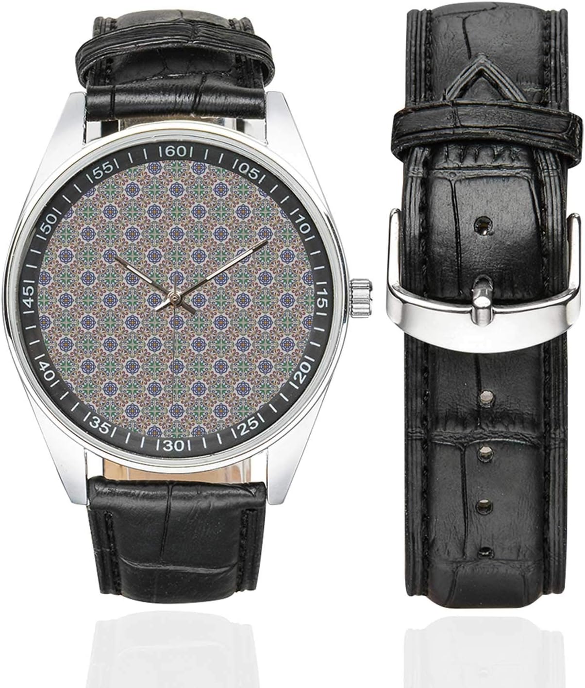 Geometric Casual Leather Strap Watch,Portuguese Tiles Floral Themed European Culture Elements Colorful Plant Design Decorative for Men,Case Diameter:1.57"