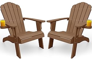 YEFU Oversized Plastic Adirondack Chair Set of 2 with Cup-Holder (Large Dual-Purpose), Weather Resistant, Poly Lumber Outdoor Chairs Duty Rating Widely Used in Patio, Lawn, Outside, Garden Chair-Teak