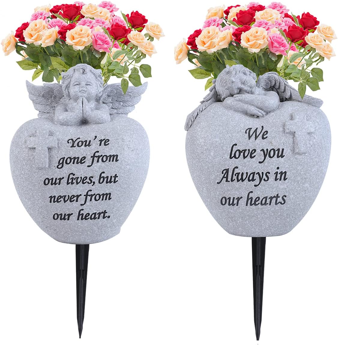 Decorative Garden Stakes - Angel and Cross Cemetery Grave Memorial Vases，Grave Decorations for Cemetery，Set of 2 Cemetery Memorial Vases with Removable Stakes,Memorial Gifts for Loss of Loved