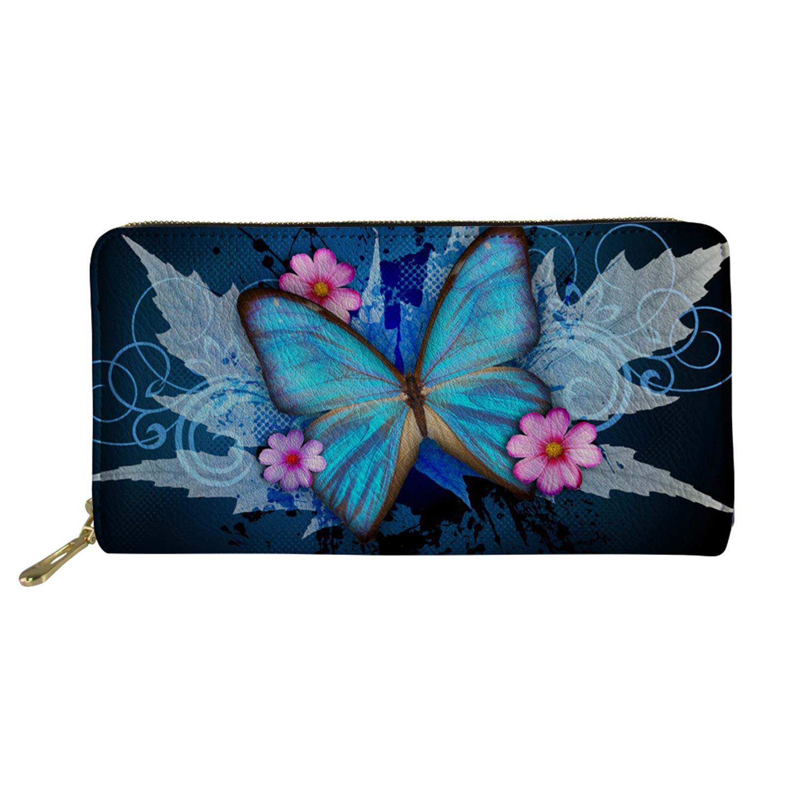 Biyejit Blue Butterfly Womens Wallets Large Long Purse Phone Card Holder Clutch Capacity Pocket