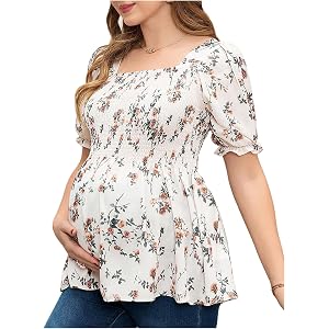 MakeMeChic Women's Maternity Blouse Floral Square Neck Puff Sleeve Smocked Peplum Tops
