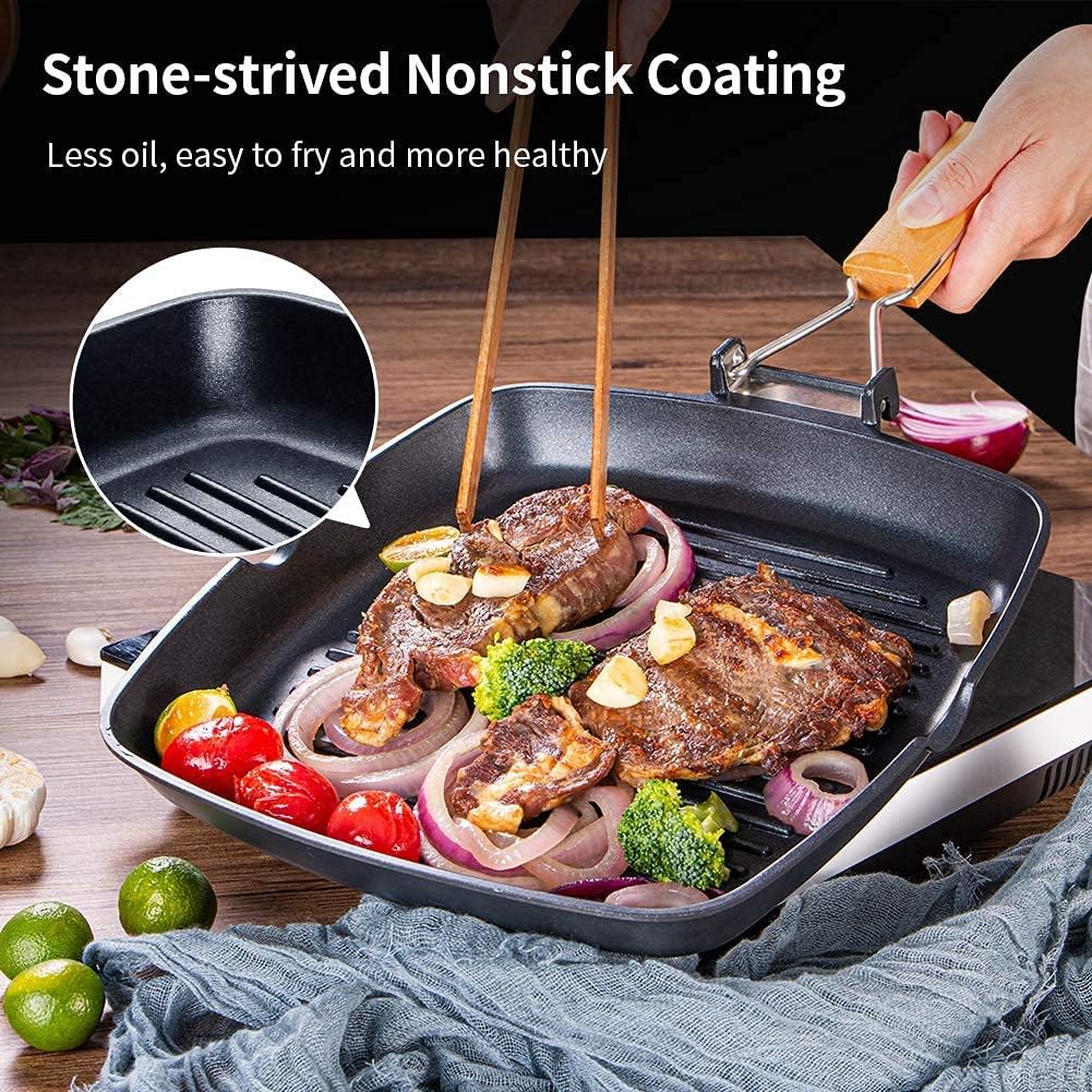 SKY LIGHT Grill Pan, 11 inch Portable Nonstick Frying Pan for Steak, Fish and BBQ, 3.5 mm Forged Deep Square Griddle Pan with Easy Grease Draining, Filter, Folding Handle Induction Skillets: Kitchen & Dining