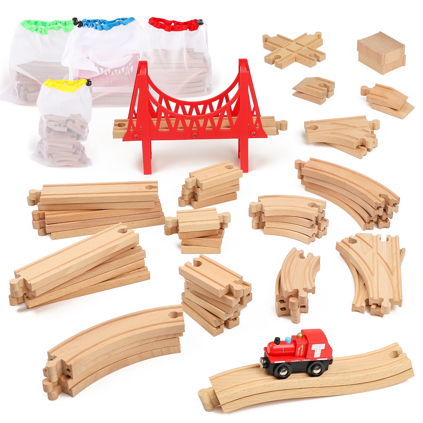 Photo 1 of WudBudz Wooden Train Tracks 60 Piece Set, Track Expansion Accessories for Toddlers 3-5 - 100% Compatible with All Major Brands Including Thomas & Brio Wooden Railway System