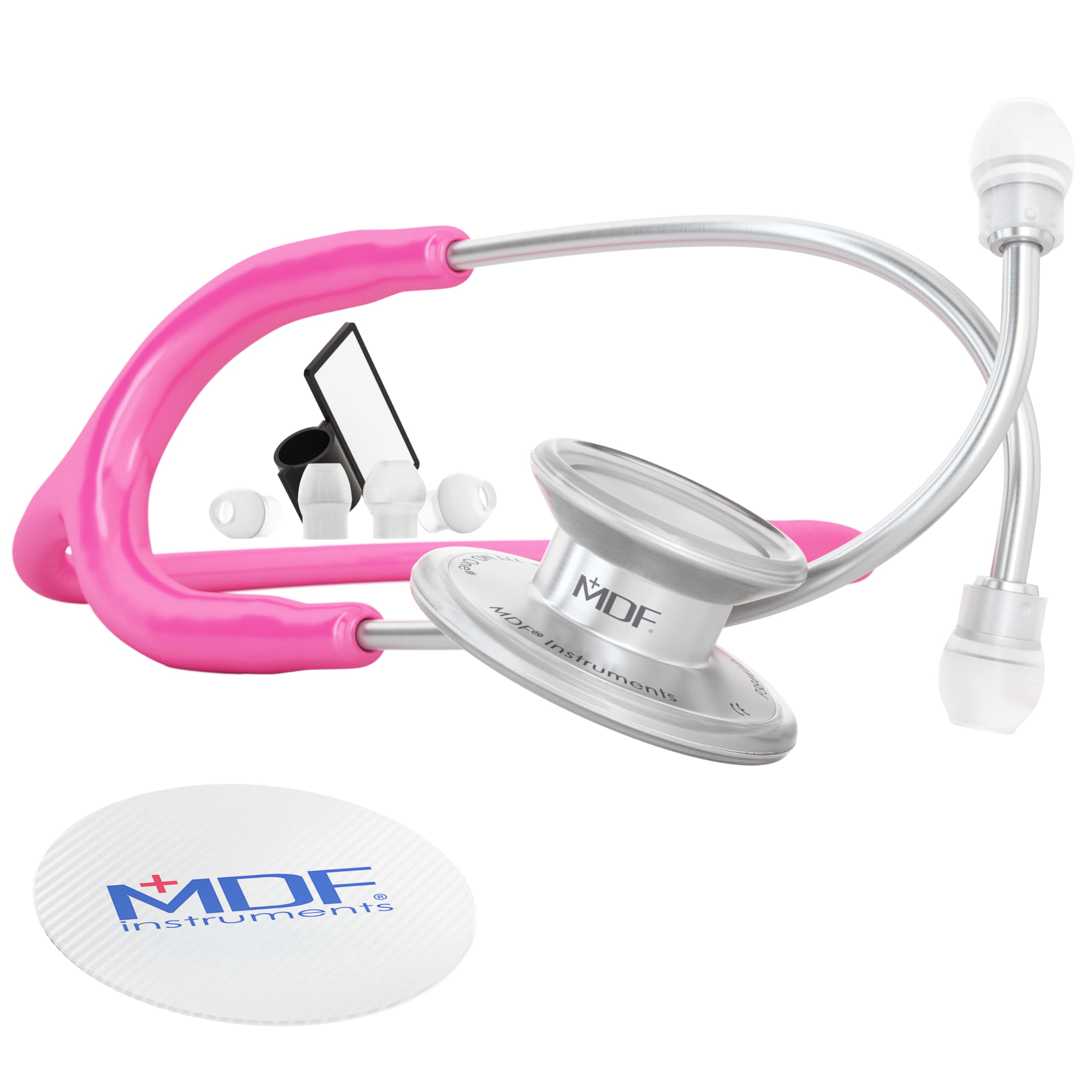 MDF Instruments, MD One Stainless Steel Stethoscope, Adult, Fuschia Tube, Silver Chestpieces-Headset, MDF77732