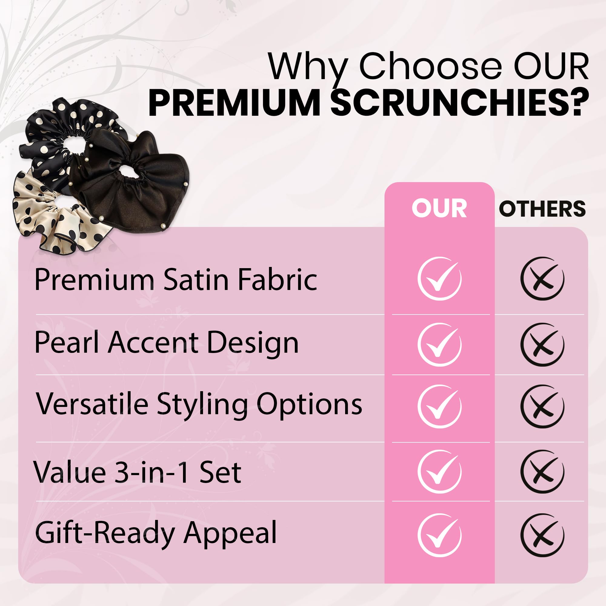 3PCS Satin Hair Scrunchies For Women: Vintage Chic Accessories for 50s Outfits – Soft, No-Damage Silk Hair Ties Bands with Pearl and Polka Dot Designs