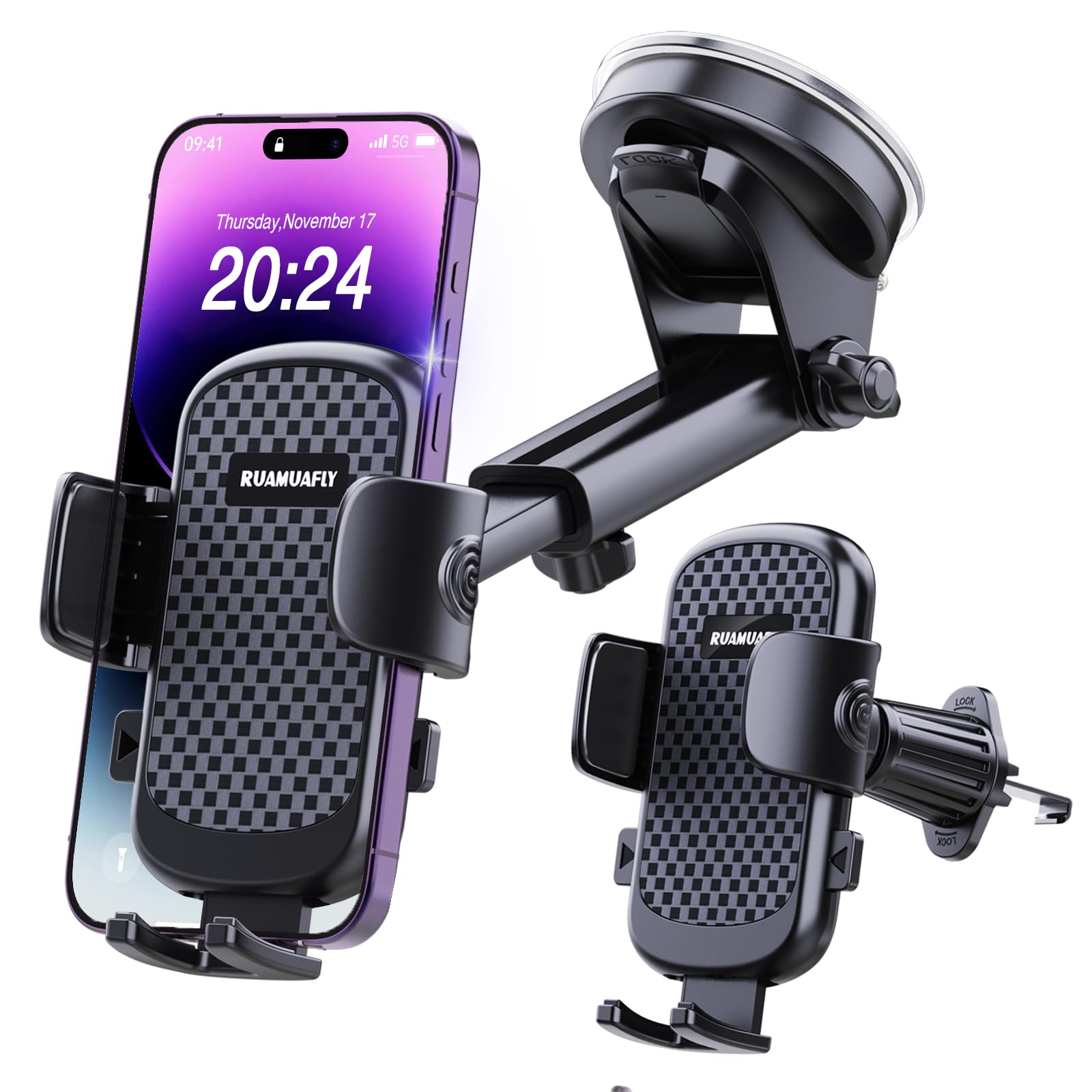 [2025 NEW] Car Phone Holder [Upgraded Strongest Suction & Clip] Cell Phone Mount for Dashboard Windshield Vent,Mobile Stand Base Truck Cradle for iPhone 16 Pro Max 15 14 13 12 Samsung S25 S24 Android