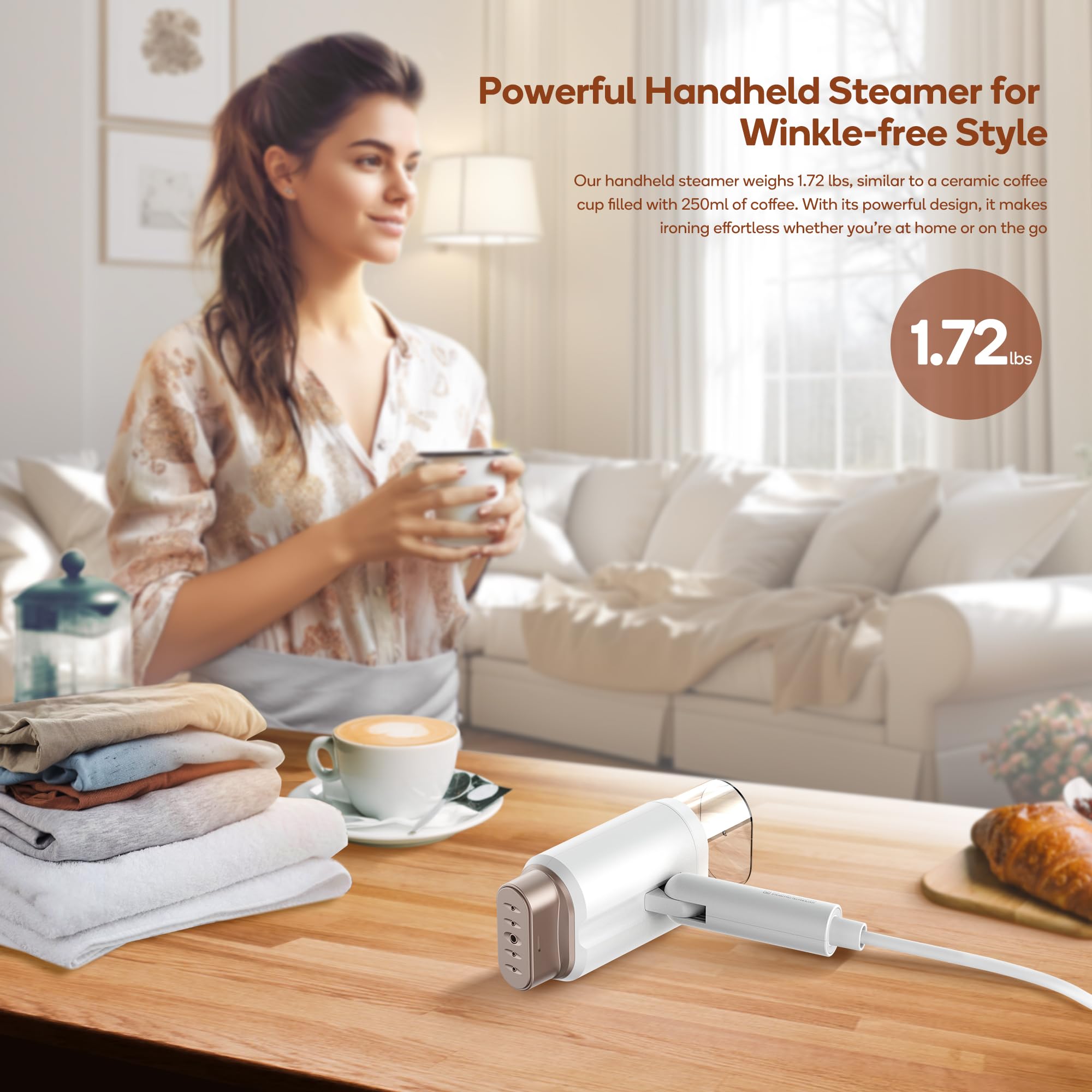 Newbealer Dual Voltage Garment Steamer - 120V/220V, 1200W Powerful Steamer for Clothes, Home & Travel Use, Horizontal & Vertical Steaming, 20s Heat-up, Foldable, 1.72lbs, 180ml (Gold)