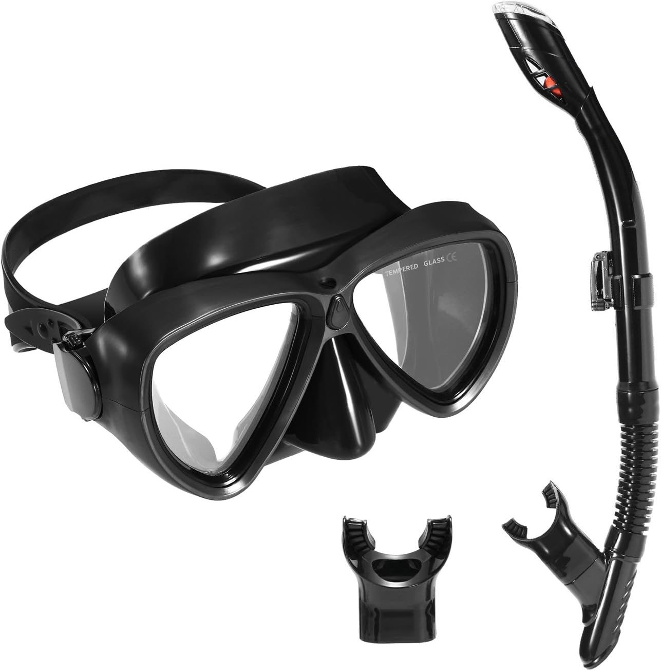 Scuba Diving Mask Snorkel Set, Anti-Fog Tempered Glass Goggles and Dry Snorkel with Free Mouth Piece for Snorkeling Swimming (Black)