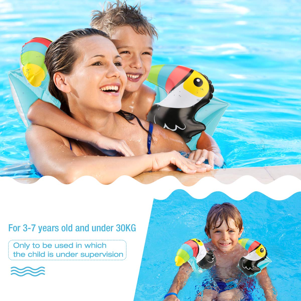 NIWAWA 2 STÜCKE Schwimmflügel Kinder Aufblasbare für Kinder 3-7 Jahre , Die maximale Tragfähigkeit beträgt 30KG