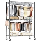 Homdox Heavy Duty Rolling Clothing Rack, Adjustable Garment Rack with 3 Tier Storage Shelves, Freestanding Closet Wardrobe for Hanging Clothes with Side Hooks, Gray