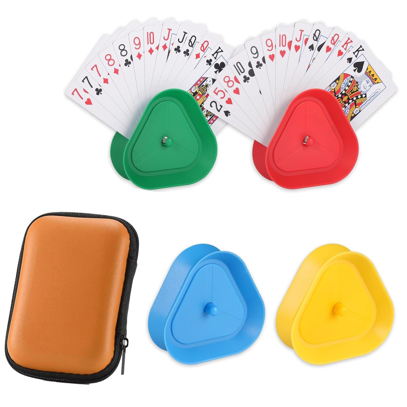 SKJAXF 5 Piece Playing Card Storage Set, 4PCS Hand-Free Triangle Plastic Playing Card Holder and 1PCS Playing Card Case, Suitable for Groups Who Like to Play Cards Hands Card Stand Holder