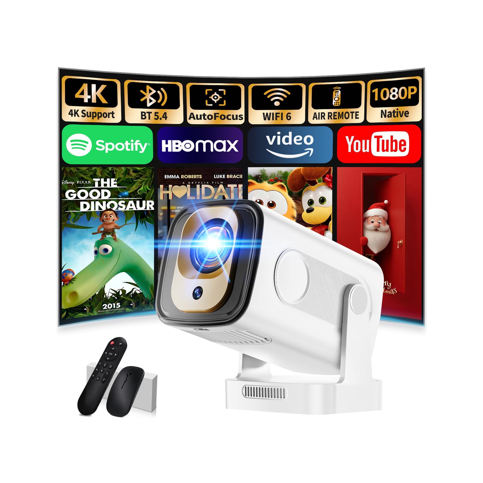 Photo 1 of Projector [Auto Focus & Native 1080P & Built-in Apps] Mini Portable Projector 1080P, 4K Full HD with WiFi 6 & Bluetooth 5.4, Auto Focus & Keystone, 270° Rotatable, Compatible with Phone/HDMI/USB,White