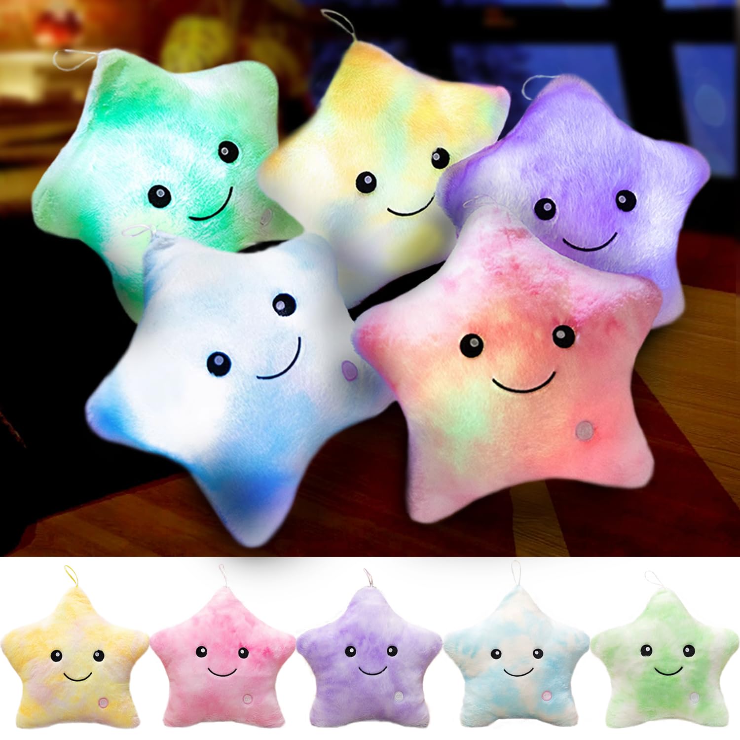 Kyduu Cuddly LED Cushion, LED Star Pillows, Light up pillow cushion, Star toy, Sensory toys for autism, Glo pals, Glow pals, Glowing Luminous Light Up Soft Flashing Light Cushions (Multicolored Blue)