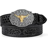 TRIWORKS Western Cowboy Cowgirl Belt for Men Western Buckle Belt 1.5" Wide Floral Engraved Embossed Leather Belt