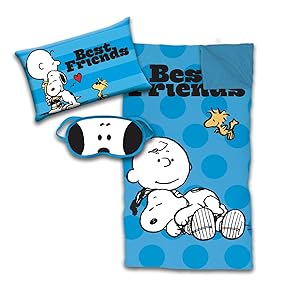 Jay Franco Peanuts Snoopy 3 Piece Sleepover Set - Cozy & Warm Kids Slumber Bag with Pillow & Eye Mask - Featuring Charlie Brown & Woodstock (Official Peanuts Product)