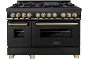 ZLINE Autograph Edition 48 in. 6.0 cu. ft. Legacy Dual Fuel Range with 7 Burner Gas Cooktop and 2 Electric Ovens in Black Stainless Steel and Champagne Bronze Accents (RABZ-48-CB)