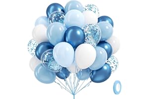 LERAQERTRA 60pcs Blue and White Balloons 12inch with Pastel Pearl Light Blue Confetti White Balloons for Bridal Baby Shower Wedding Birthday Party Decorations