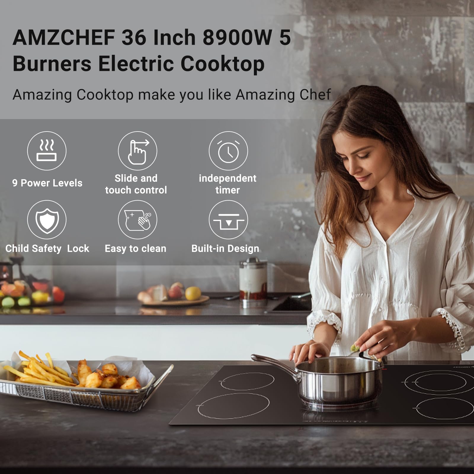 AMZCHEF 36 Inch Electric Cooktop 5 Burners, Upgraded 8900W Touch Control Built-in Ceramic Cooktop,9 Heating Level,Hot Surface Indicator,Chlid Lock,Timer, 220V~240V,Hard Wire(No Plug)