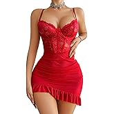 Avidlove Sexy Lingerie Lace Bodycon Dress Ruffle Underwire Mesh Floral Outfits Babydoll Lingerie Set with Thong