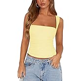 Womens Square Neck Tank Top Mesh Side Ruched Double Lined Y2k Trendy Going Out Tops Summer Basics Clothes